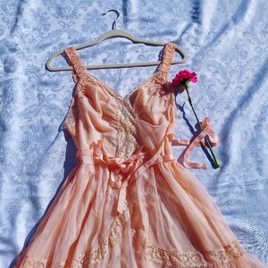 Peach Lace Double Layered Peignoir.  Cottagecore Lace Dress
